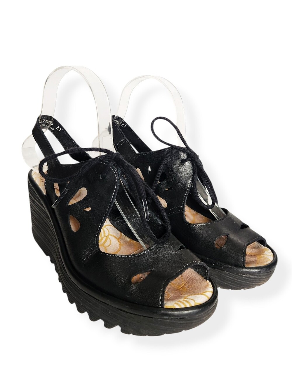 Fly London Black Leather Lace Up Open Toe Cut Out Shoes Women's Size 37